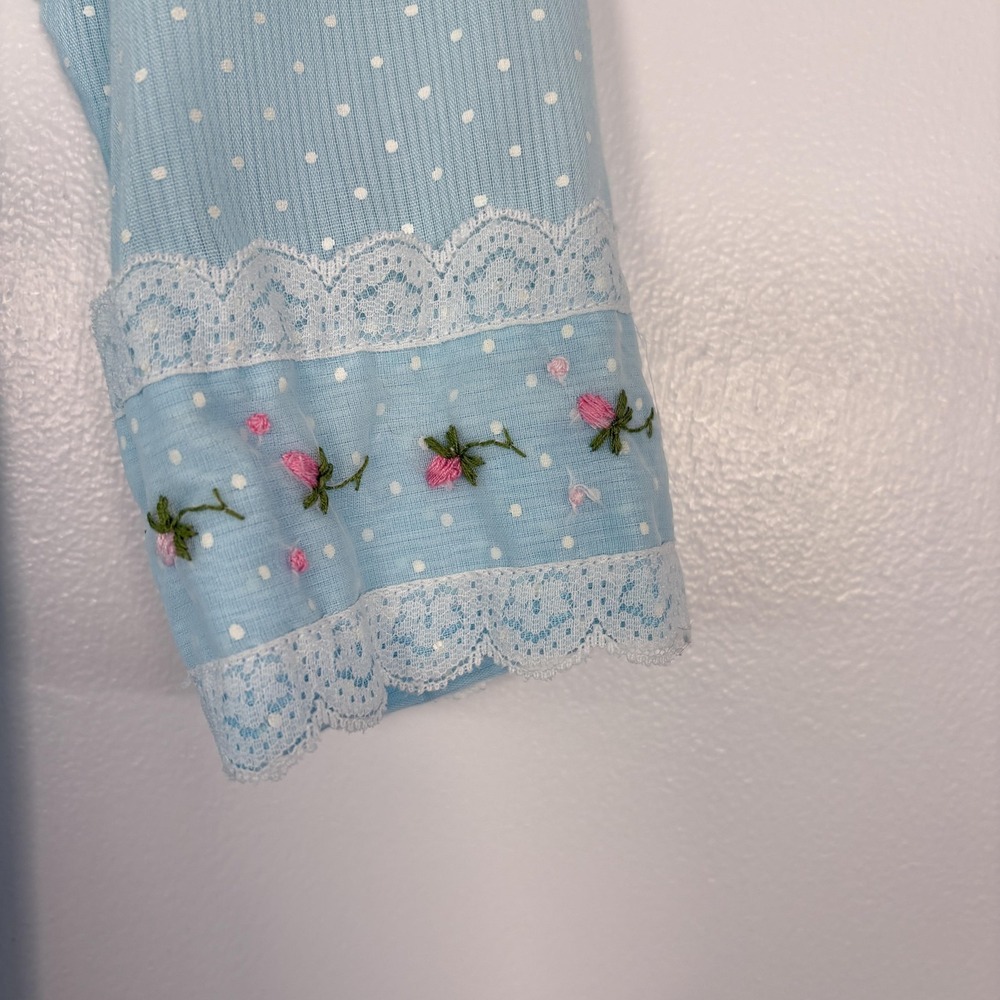 Vintage Polly Flinders Dress Girls 8 Blue Polka Dot Smocked Lace Party Formal - Picture 2 of 13